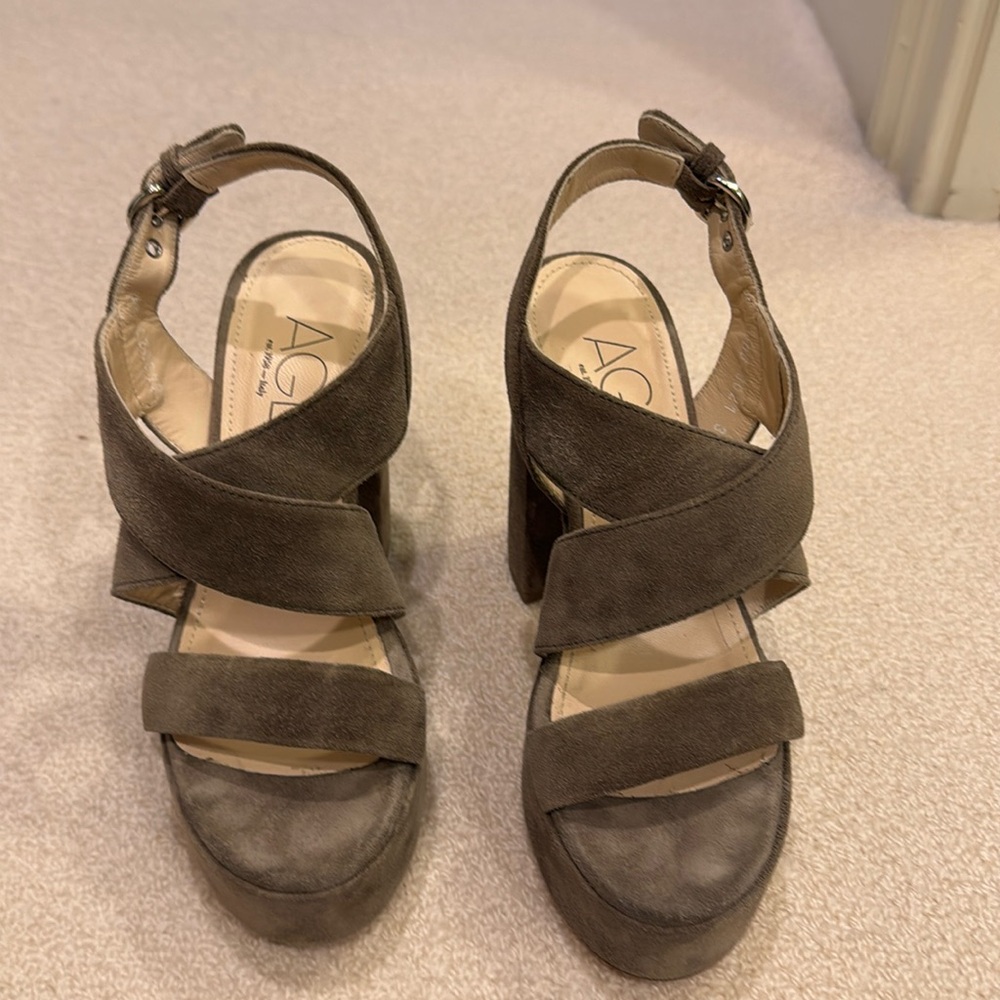 AGL gray-tan-taupe suede platform sandals. NEW!